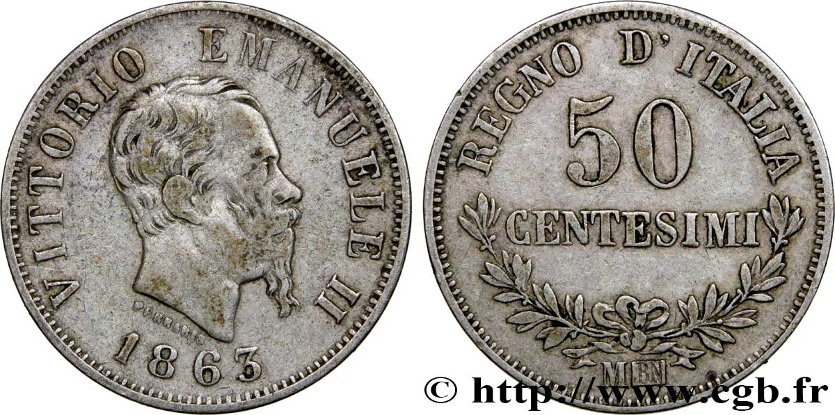 ITALIA 50 Centesimi Victor Emmanuel II 1863 Naples q.BB/BB 