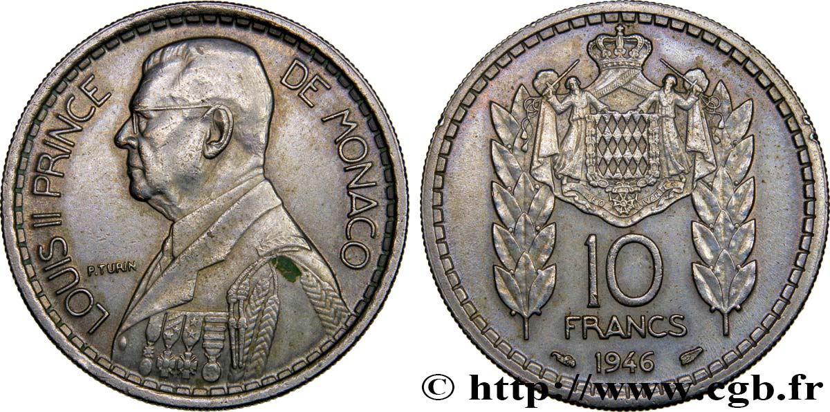 MONACO 10 Francs Louis II 1946 Paris AU 