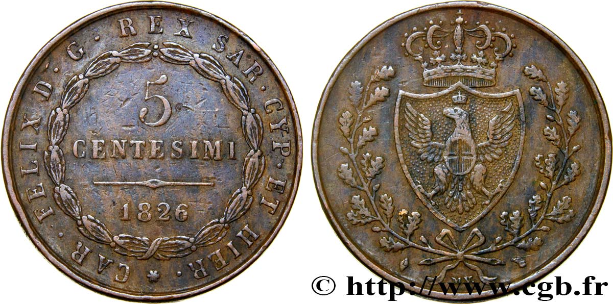 ITALY - KINGDOM OF SARDINIA 5 Centesimi 1826 Turin XF 