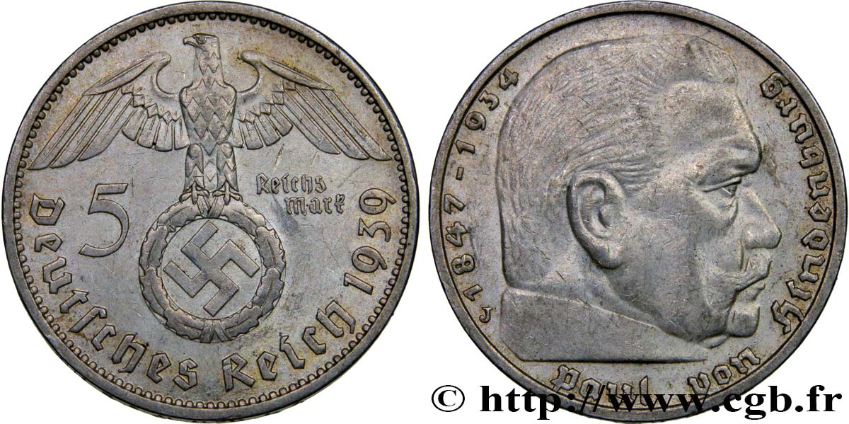 ALLEMAGNE 5 Reichsmark aigle surmontant une swastika / Maréchal Paul von Hindenburg 1939 Hambourg  SUP 
