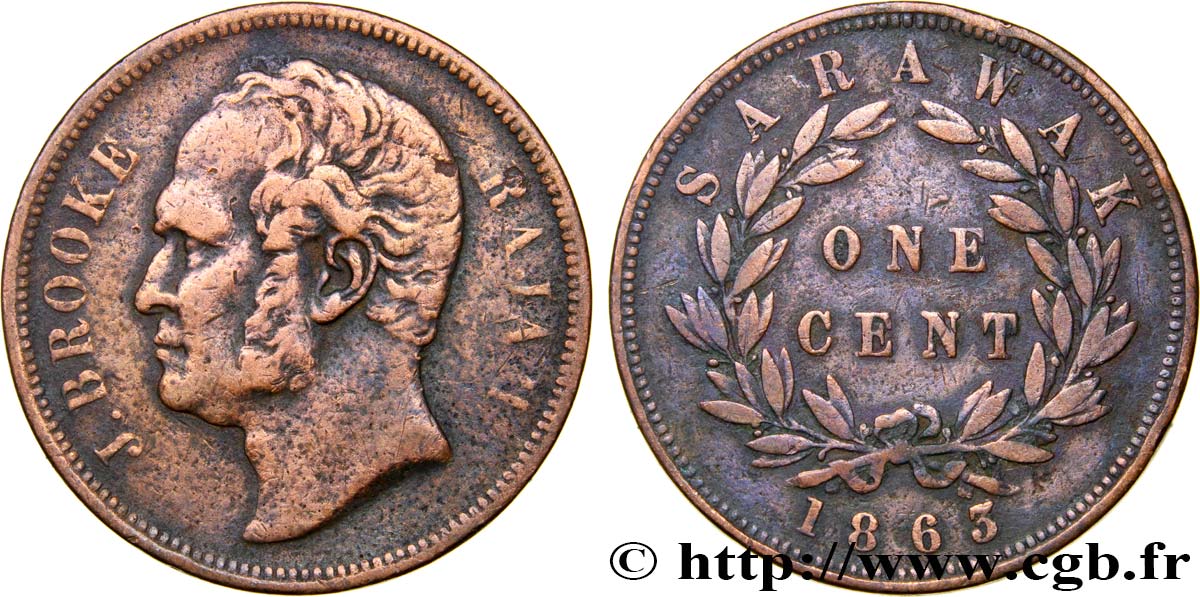 SARAWAK 1 Cent Sarawak Rajah James Brooke 1863 Birmingham TB+ 