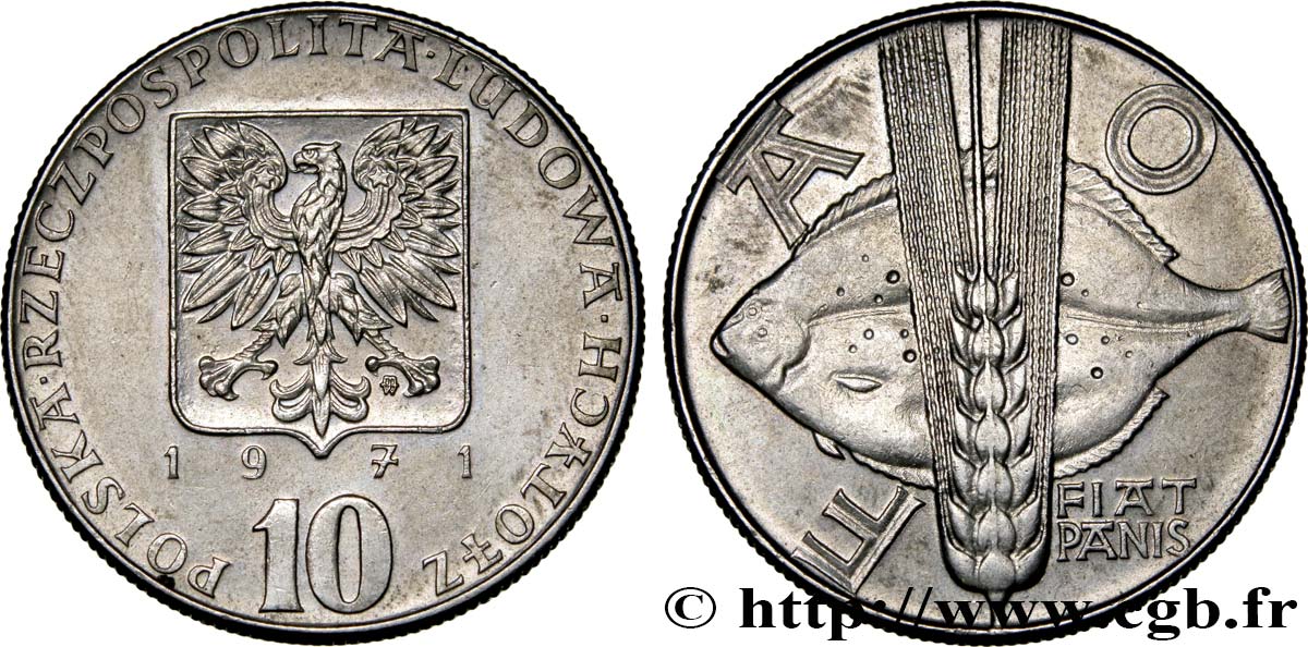 POLOGNE 10 Zlotych FAO aigle / poisson et épi de blé 1971  SUP 