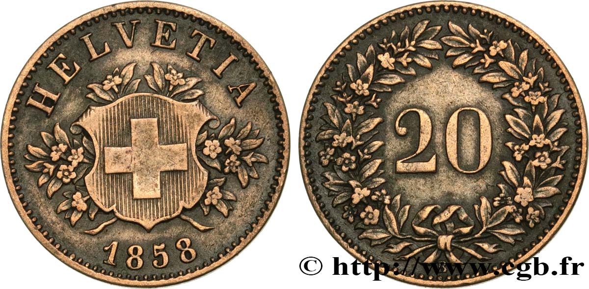 SUISSE 20 Centimes (Rappen) croix suisse 1858 Berne TTB 