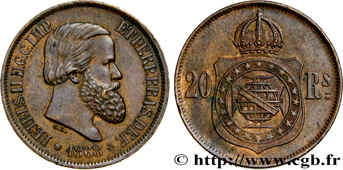 BRÉSIL 20 Reis Empereur Pierre II 1868  SUP 