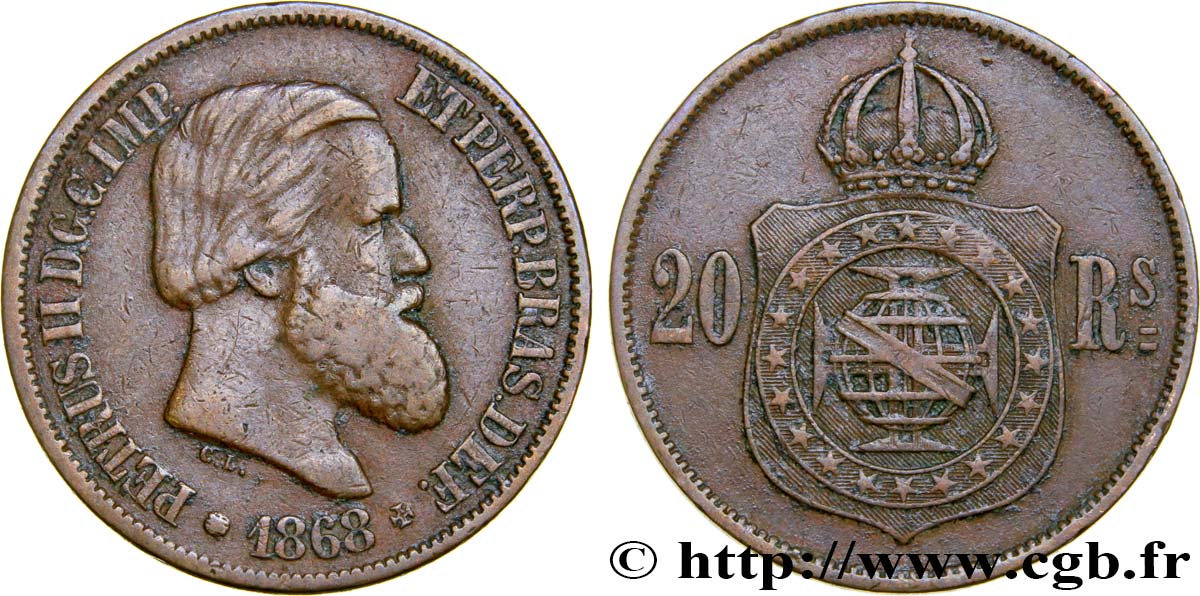 BRAZIL 20 Réis Empereur Pierre II 1868  XF 