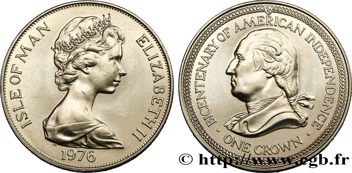 ÎLE DE MAN 1 Crown bicentenaire de la l’Indépendance américaine : Elisabeth II / Georges Washington 1976  SPL 