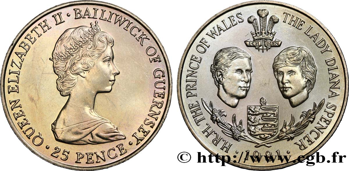 GUERNESEY 25 Pence Mariage Prince Charles et Lady Diana Spencer 1981  SPL 