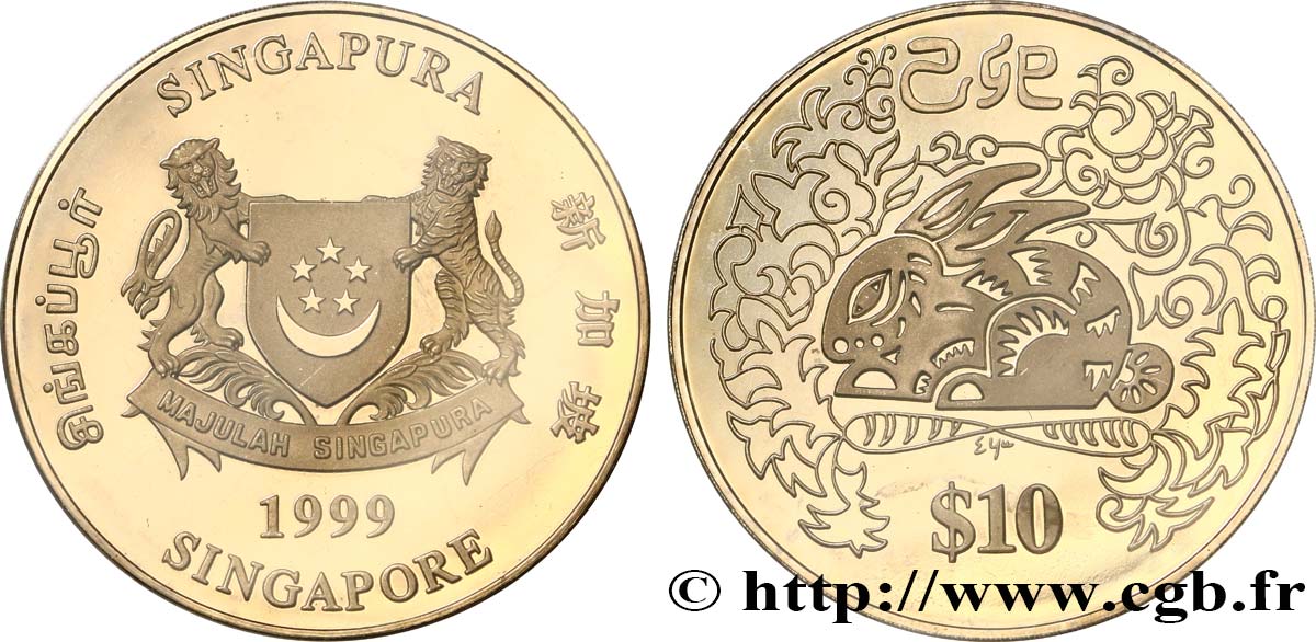 SINGAPOUR 10 Dollars année du lièvre : emblème / lièvre 1999  FDC 