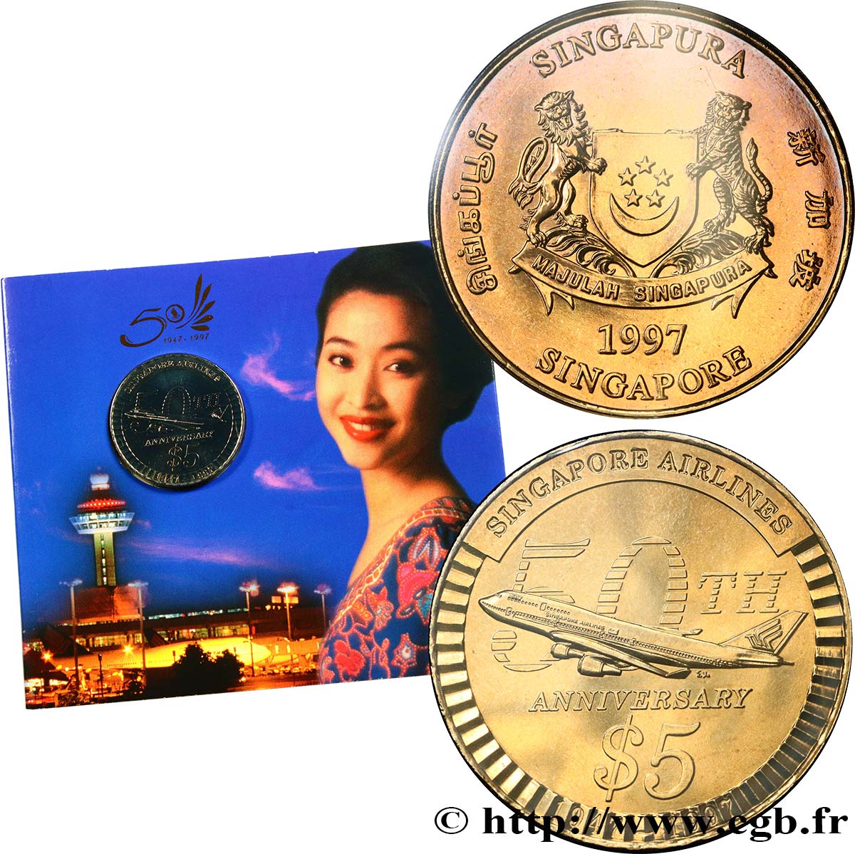 SINGAPOUR 5 Dollars 50e anniversaire de Singapore Airlines 1997  FDC 