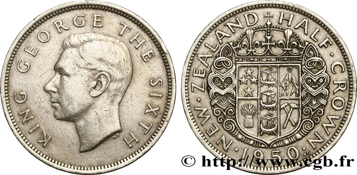 NEW ZEALAND 1/2 Crown Georges VI / armes couronnée 1950 XF