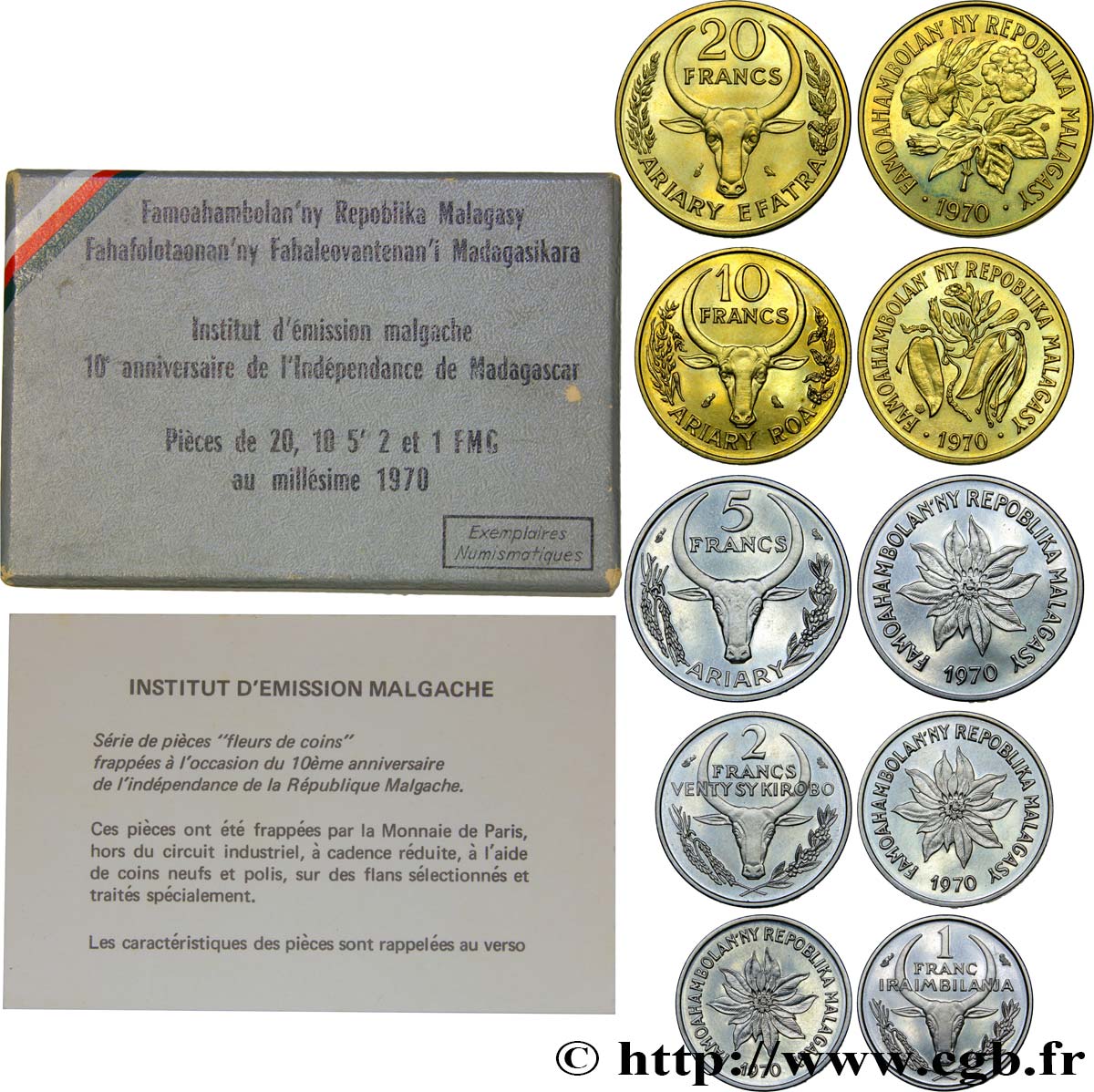 MADAGASCAR Boîte FDC 1, 2, 5, 10 et 20 Francs 1970 Paris FDC 