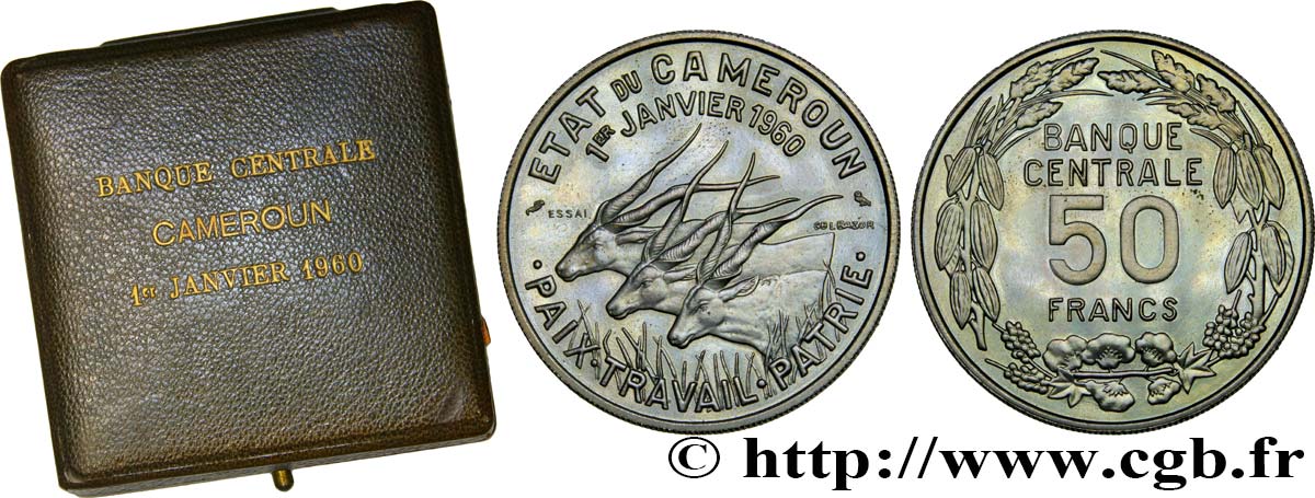 CAMERUN Essai de 50 Francs Etat du Cameroun, commémoration de l’indépendance, antilopes 1960 Paris MS 