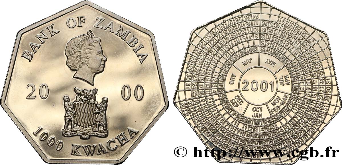 ZAMBIE 1000 Kwacha emblème national Elisabeth II / calendrier 2001 2000  FDC 