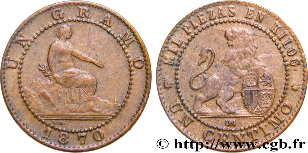 ESPAÑA 1 Centimo monnayage provisoire liberté assise / lion tenant un bouclier 1870 Oeschger Mesdach & CO MBC 
