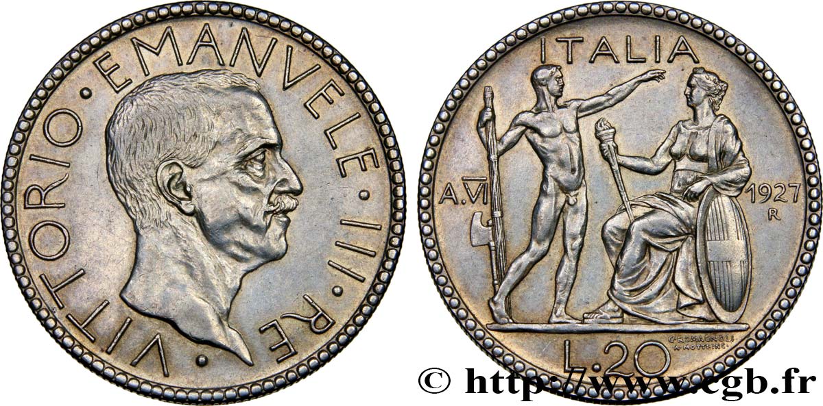 ITALIEN - ITALIEN KÖNIGREICH - VIKTOR EMANUEL III. 20 Lire 1927 Rome  VZ/fVZ 