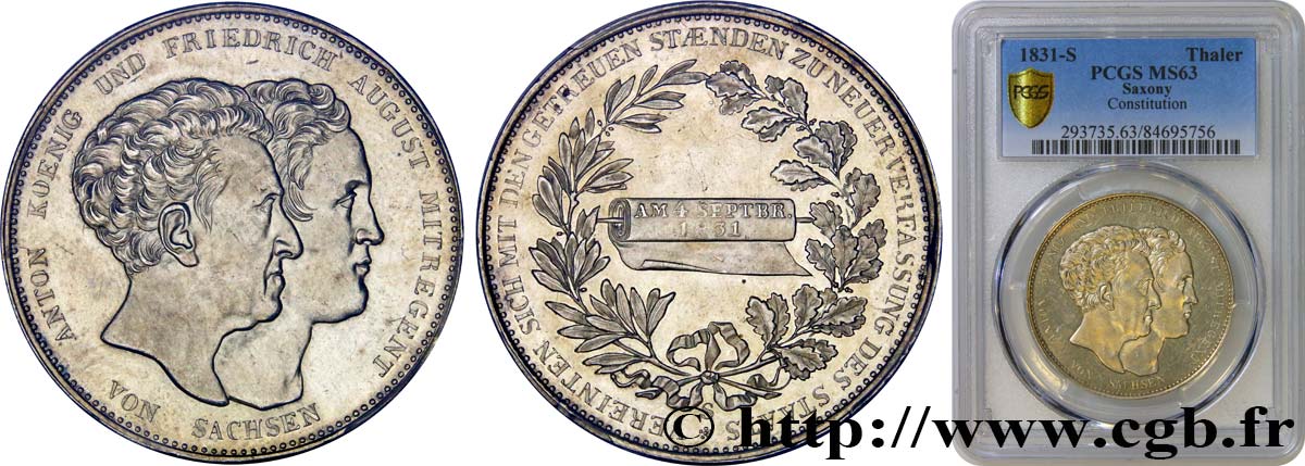 GERMANY - KINGDOM OF SAXONY - ANTHONY Thaler, nouvelle Constitution 1831 Dresde MS63 PCGS