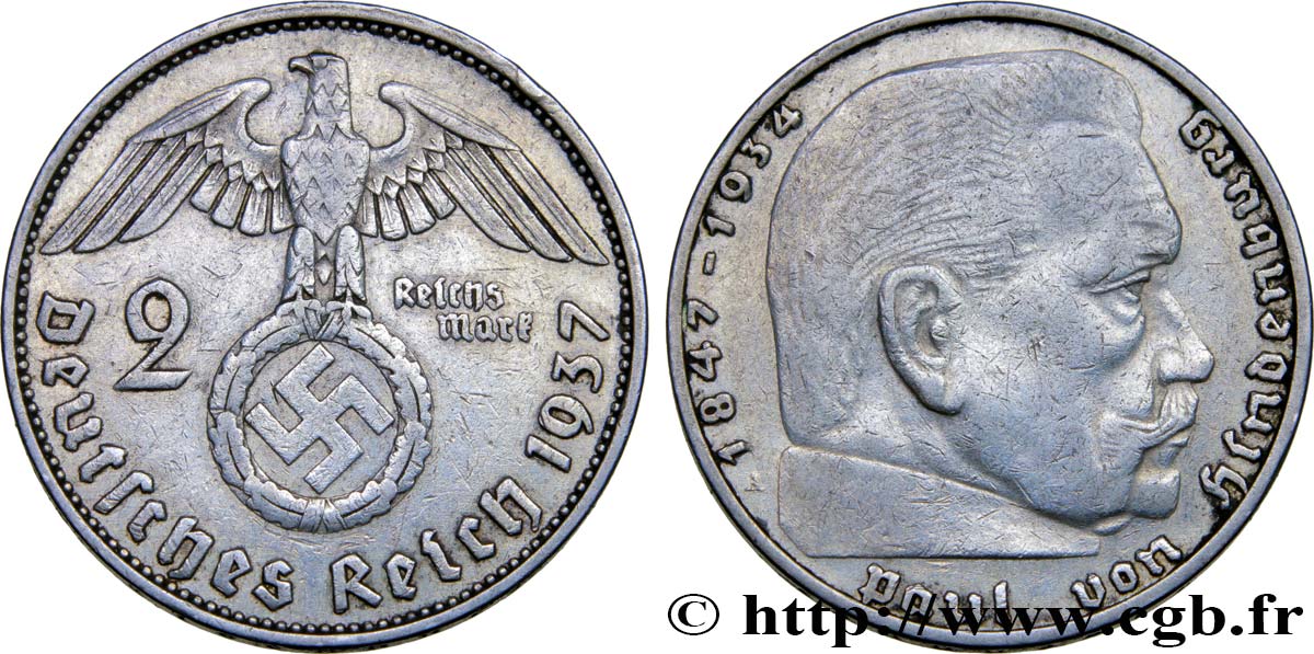 ALLEMAGNE 2 Reichsmark Maréchal Paul von Hindenburg 1937 Berlin TTB 