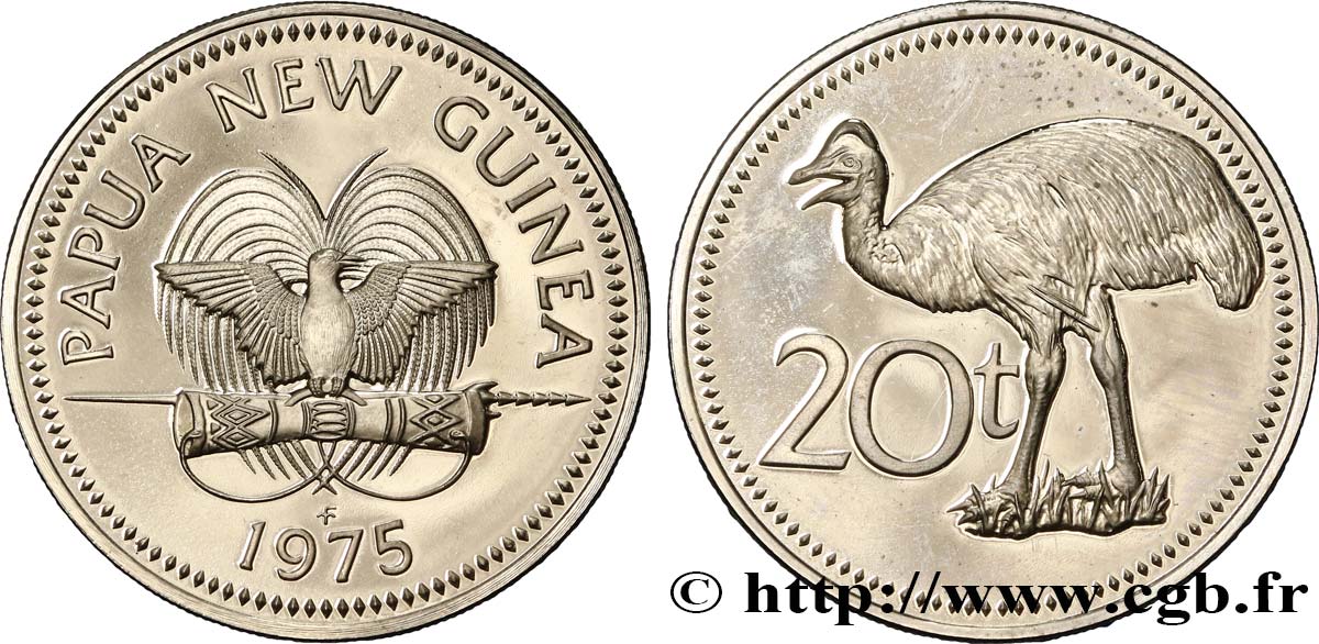 PAPUA NEW GUINEA 20 Toea Proof oiseau de paradis / cassowary de Bennett 1975  MS 