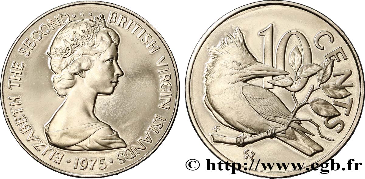ÎLES VIERGES BRITANNIQUES 10 Cents Proof Elisabeth II /  / Martin-pêcheur(oiseau) 1975 Franklin Mint FDC 