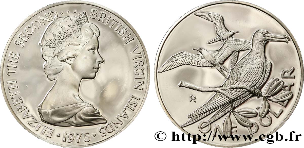 ÎLES VIERGES BRITANNIQUES 1 Dollar Proof Elisabeth II / Frégates superbes (oiseaux) 1975 Franklin Mint FDC 