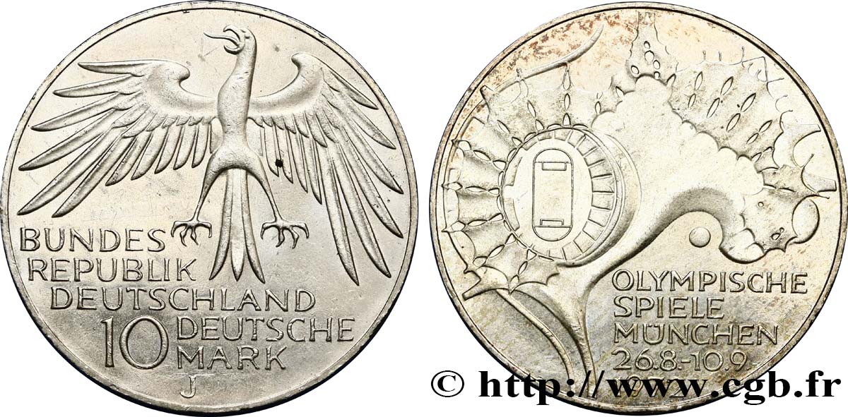 ALLEMAGNE 10 Mark / XXe J.O. Munich - Stade Olympique 1972 Hambourg SUP 