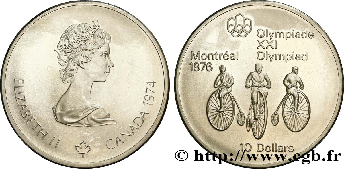 CANADA 10 Dollars JO Montréal 1976 cyclisme : grand bi / Elisabeth II 1974  SPL 