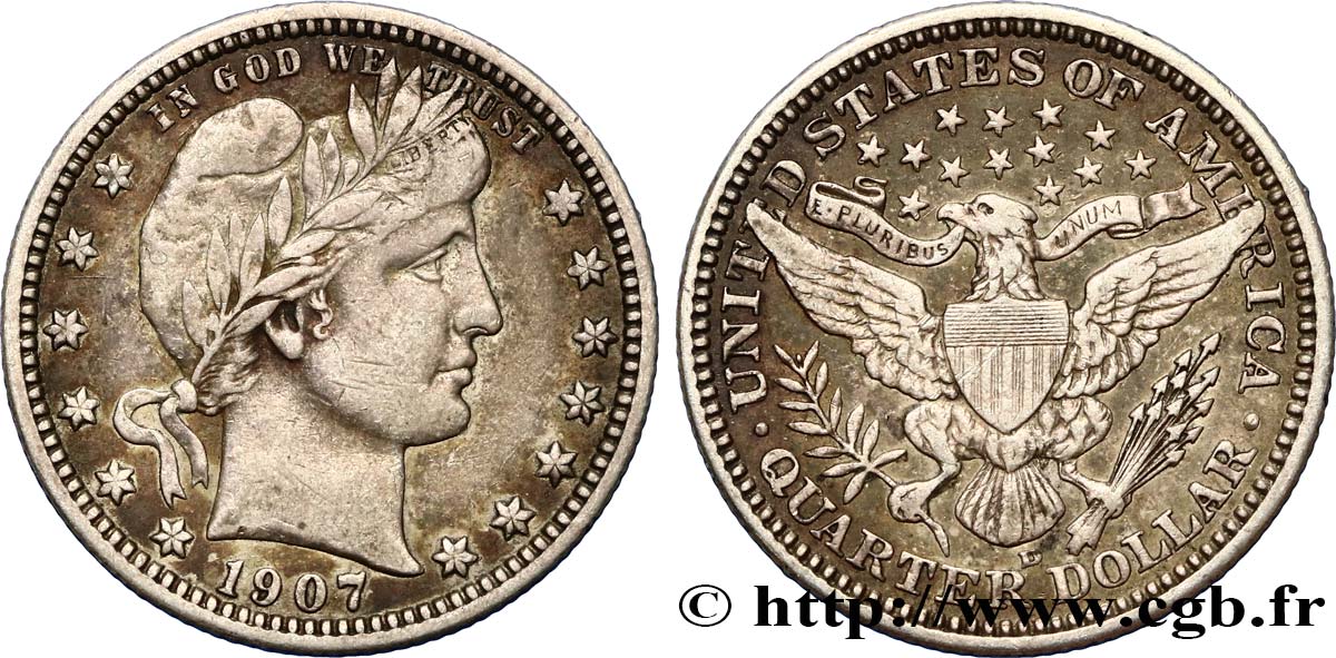 UNITED STATES OF AMERICA 1/4 Dollar Barber 1907 Denver XF/AU 
