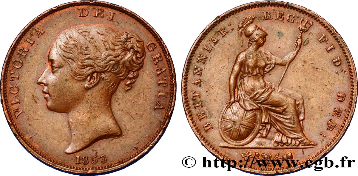 ROYAUME-UNI 1 Penny Victoria “tête jeune” 1853  TTB+ 
