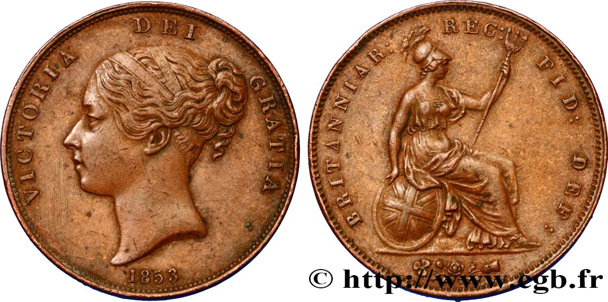 ROYAUME-UNI 1 Penny Victoria “tête jeune” 1853  TTB 