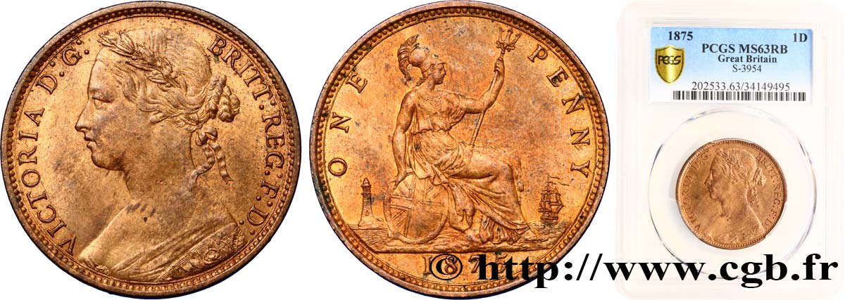 GREAT-BRITAIN - VICTORIA 1 Penny Victoria “Bun head”  1875  MS63 PCGS