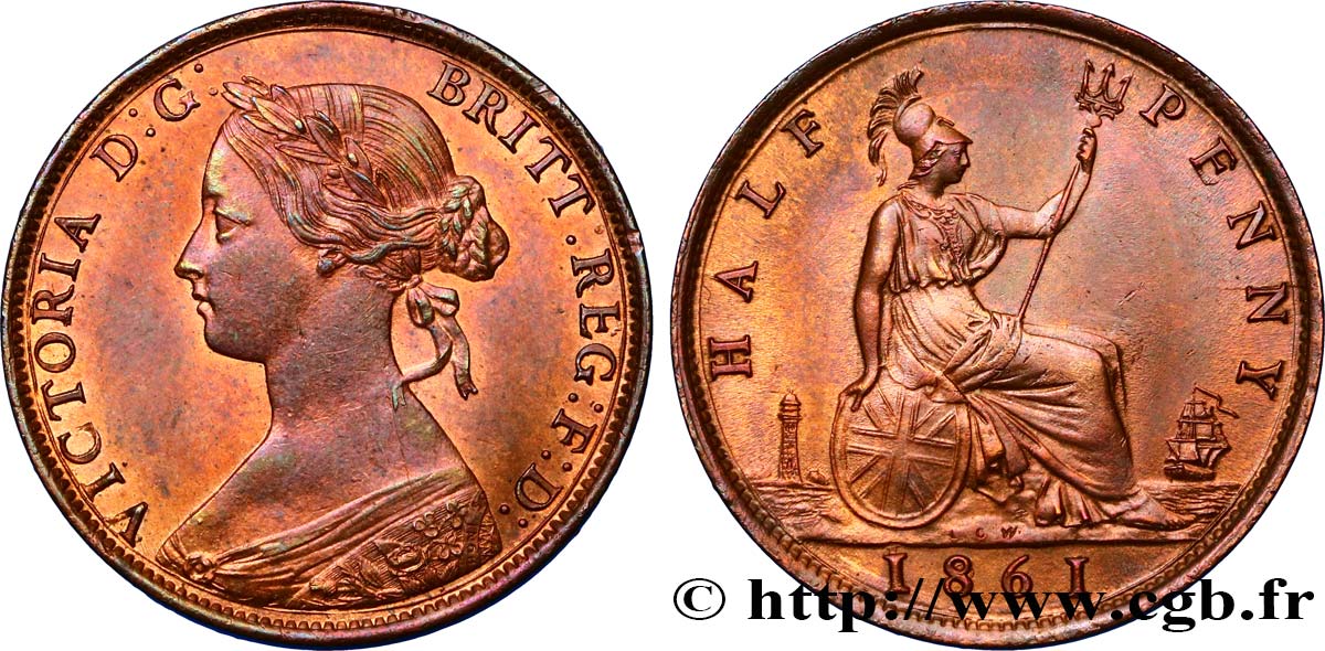 ROYAUME-UNI 1/2 Penny Victoria “Bun Head” 1861  SPL 