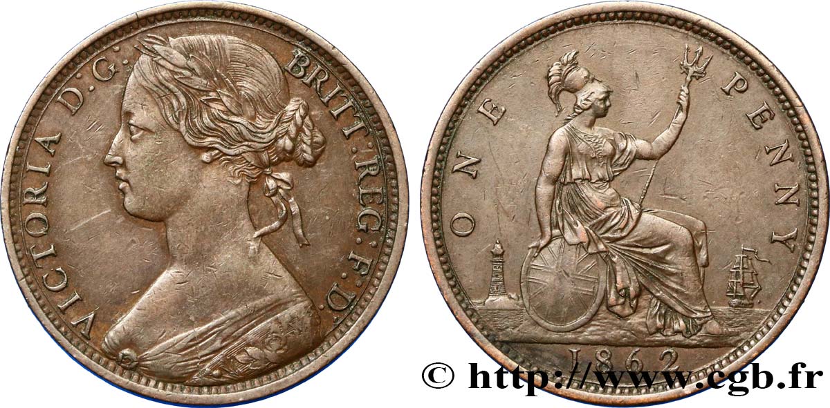 ROYAUME-UNI 1 Penny Victoria “Bun Head” 1862  TTB+ 