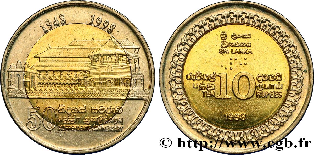 SRI LANKA 10 Rupees 50e anniversaire de l’indépendance 1998 Royal Mint Llantrisant AU 