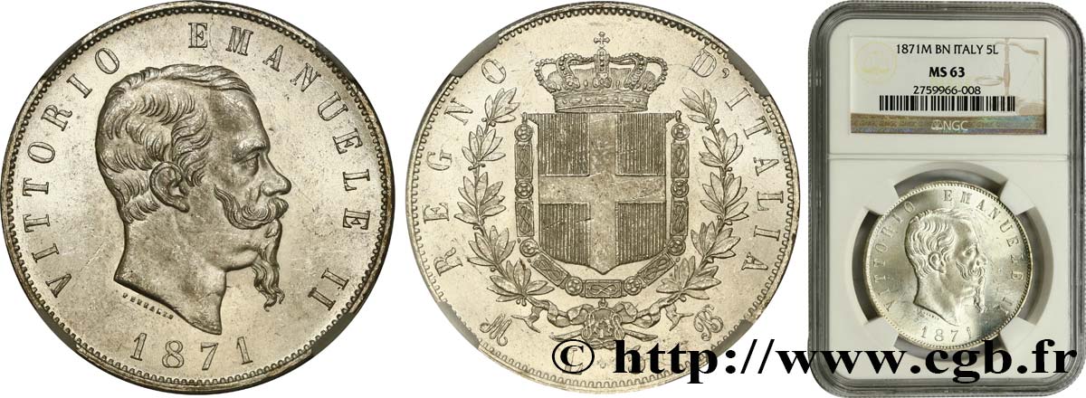 ITALY 5 Lire Victor Emmanuel II 1871 Milan MS63 NGC