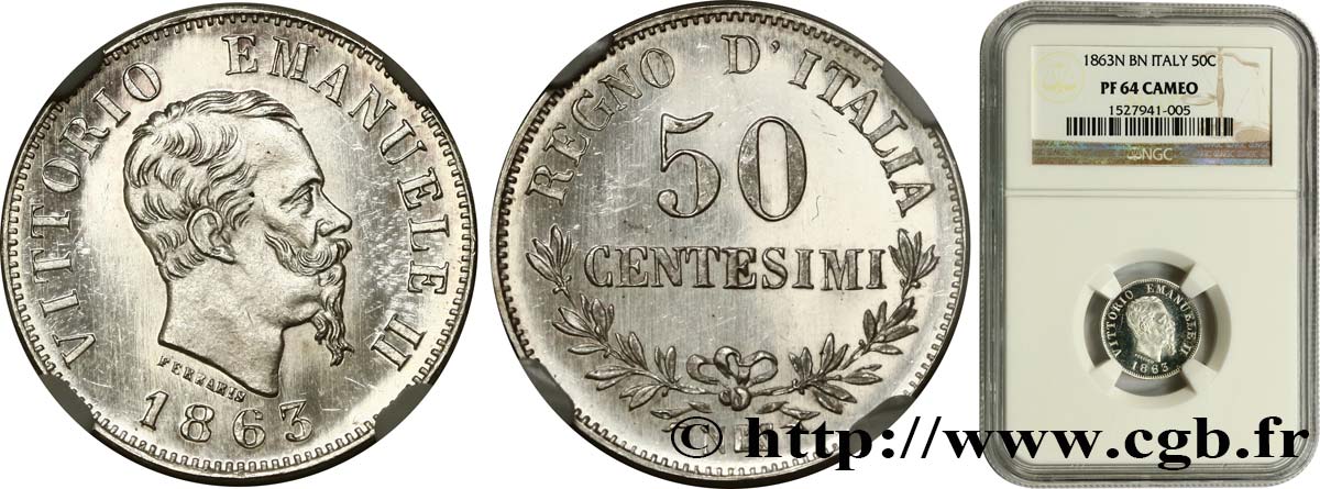 ITALIE 50 Centesimi Victor Emmanuel II Proof 1863 Naples SPL64 NGC