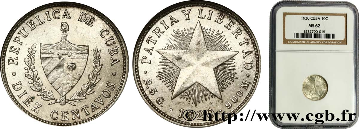 CUBA 10 Centavos 1920  SPL62 NGC
