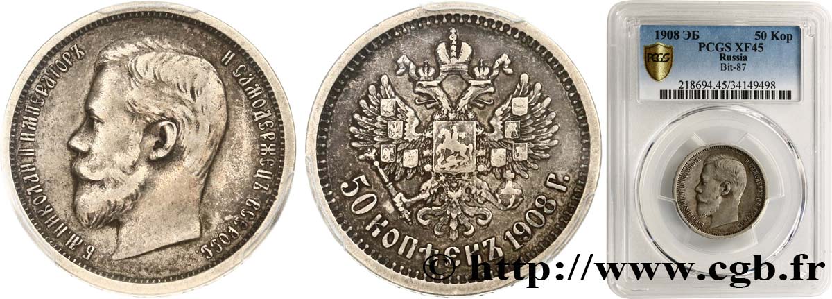RUSSLAND - NIKOLAUS II. 50 Kopecks 1908 Saint-Petersbourg SS45 PCGS