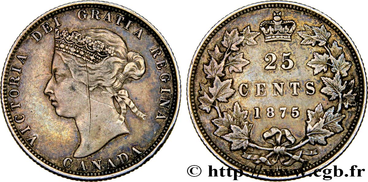 CANADA 25 Cents Victoria 1875 Heaton VF 