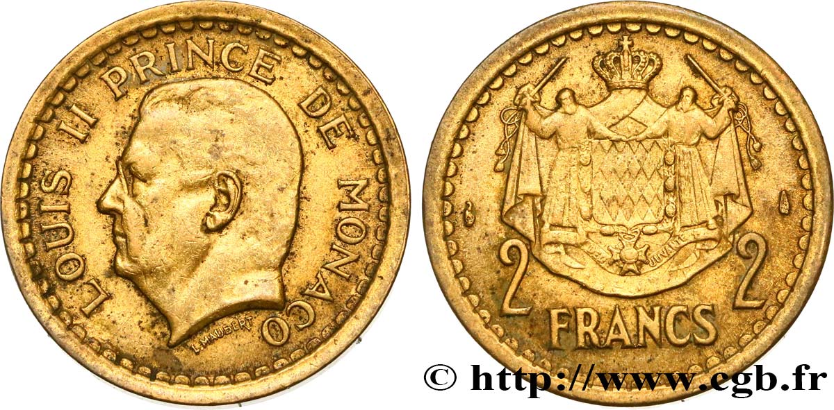 MONACO 2 Franc Louis II (1943) Paris XF 