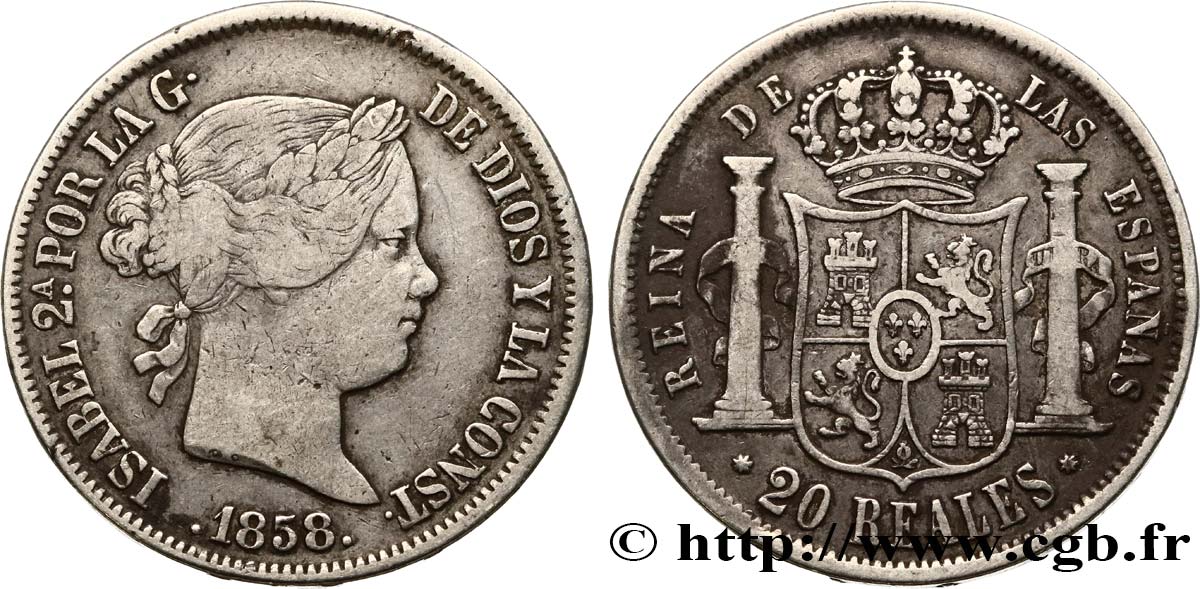 SPAIN - KINGDOM OF SPAIN - ISABELLA II 20 Reales 1858 Séville VF 