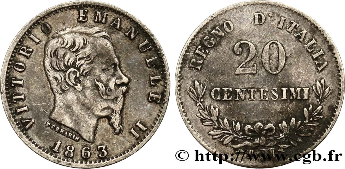 ITALY 20 Centesimi Victor Emmanuel II 1863 Turin XF