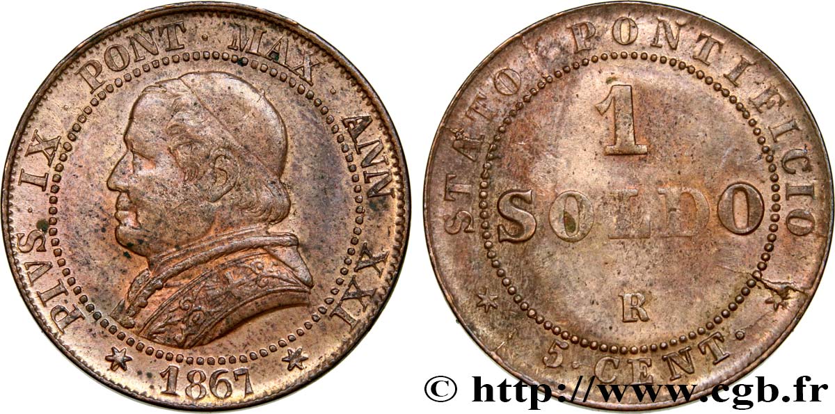 VATICAN ET ÉTATS PONTIFICAUX 1 Soldo an XXI buste large 1867 Rome TTB+ 