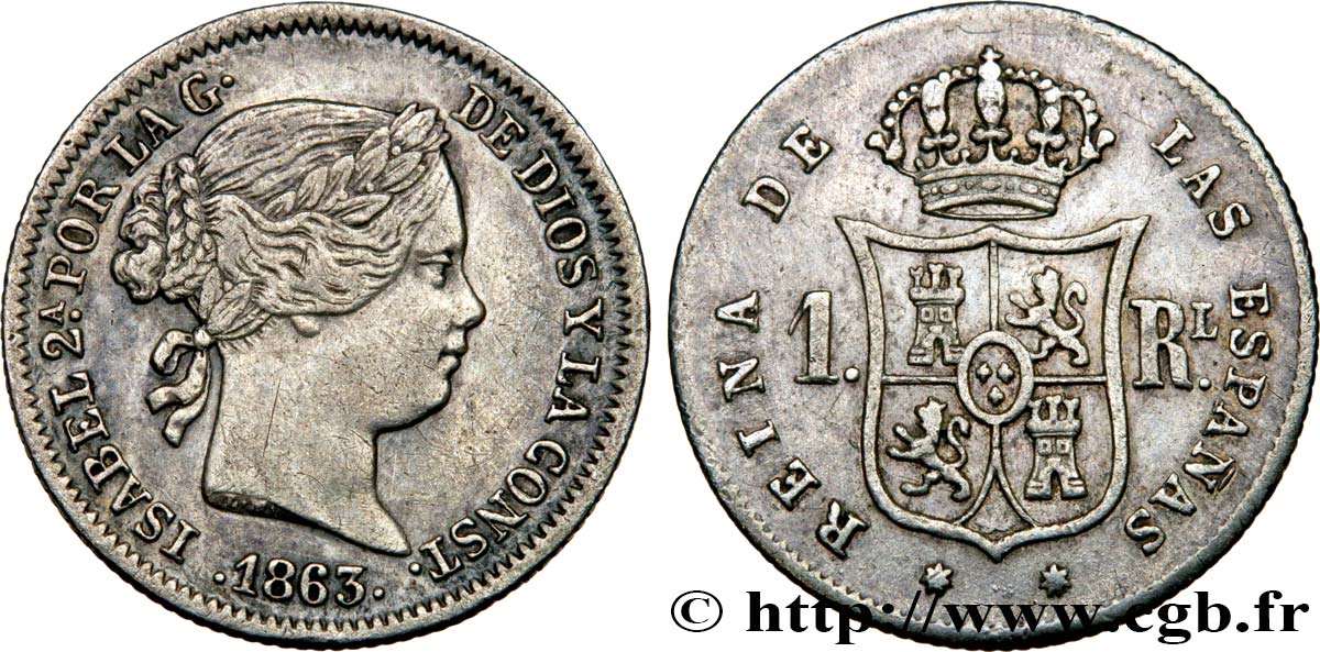 ESPAGNE 1 Real Isabelle II 1863 Séville TTB 