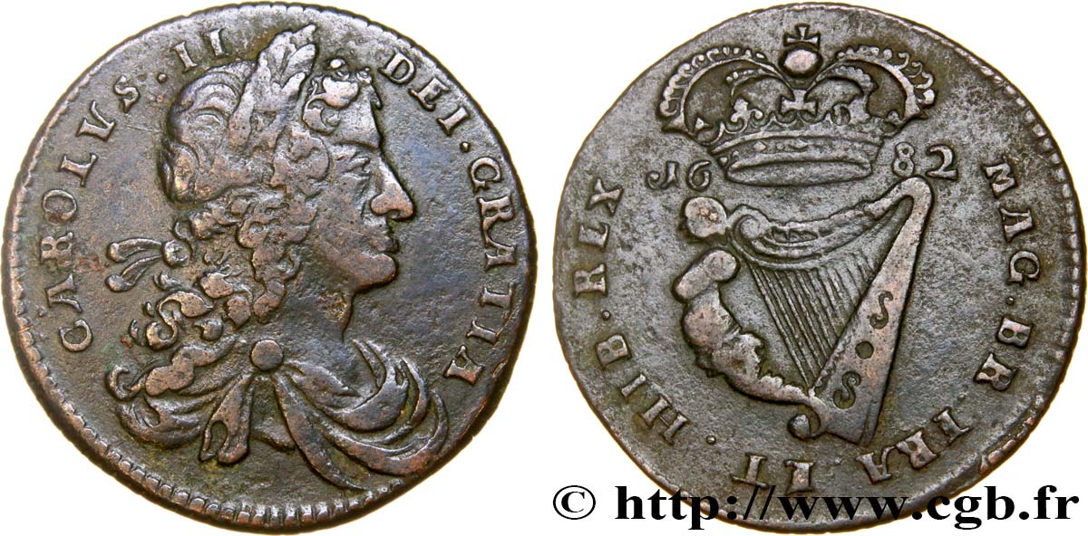 IRLANDE 1/2 Penny Charles II 1682  TTB 