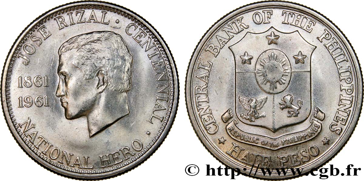 PHILIPPINES 1/2 Peso Jose Rizal 1961  MS 