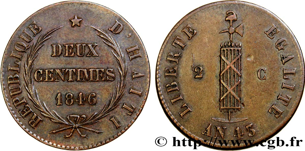 HAITI 2 Centimes, an 43 1846  XF 