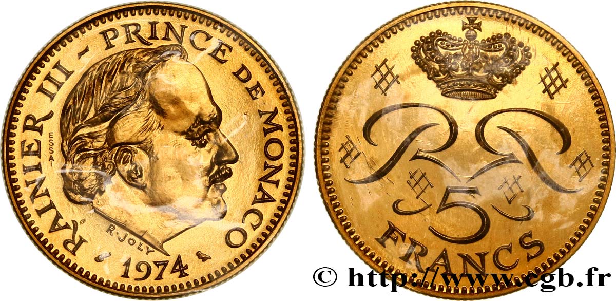 MONACO - FÜRSTENTUM MONACO - RAINIER III. Essai en or 5 Francs 1974 Paris ST 