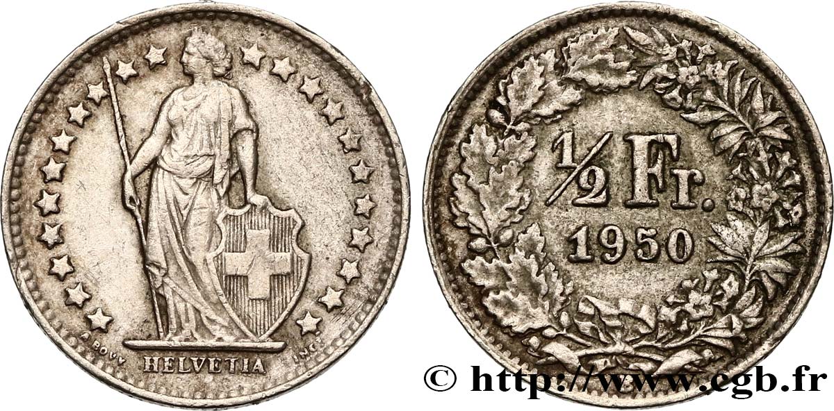 SUISSE 1/2 Franc Helvetia 1950 Berne - B TTB+ 