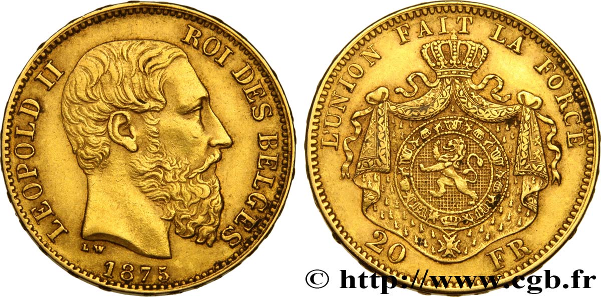 BELGIQUE 20 Francs Léopold II 1875 Bruxelles TTB 