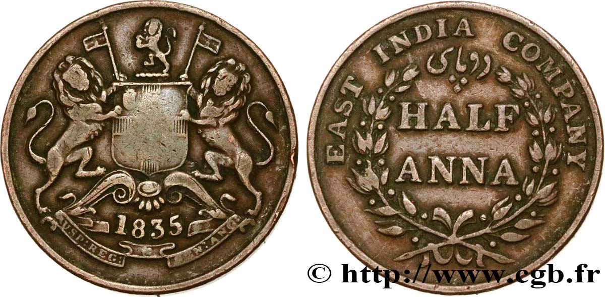 INDIA BRITANNICA 1/2 Anna East India Company 1835 Bombay MB 